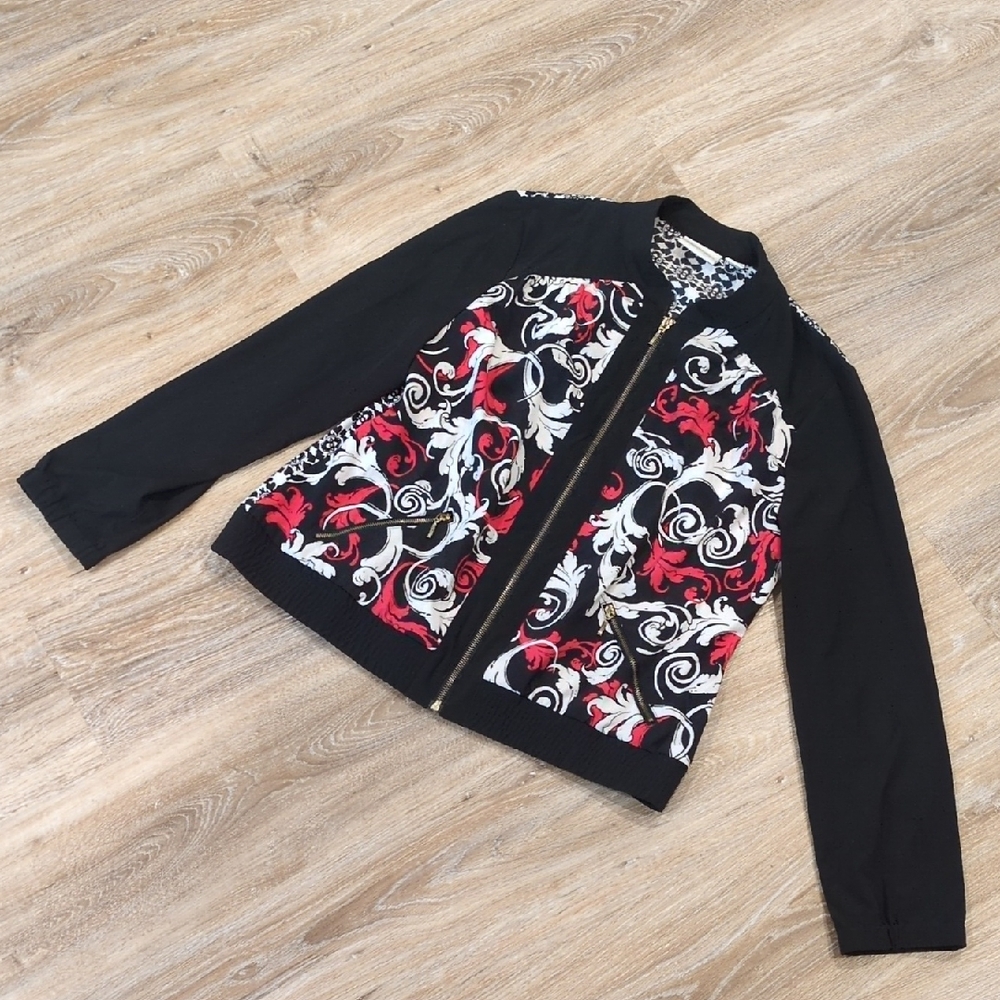 Zenergy by Chico's Women's Black Lightweight Jacket w/ Red & White Floral size 1